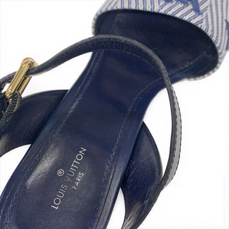 Louis Vuitton Sail Away Line Monogram Sandals Shoes Canvas Leather Navy Wedge