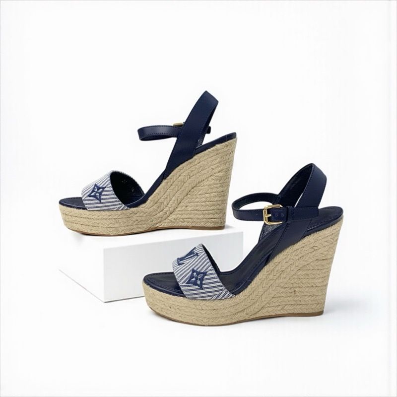 Louis Vuitton Sail Away Line Monogram Sandals Shoes Canvas Leather Navy Wedge