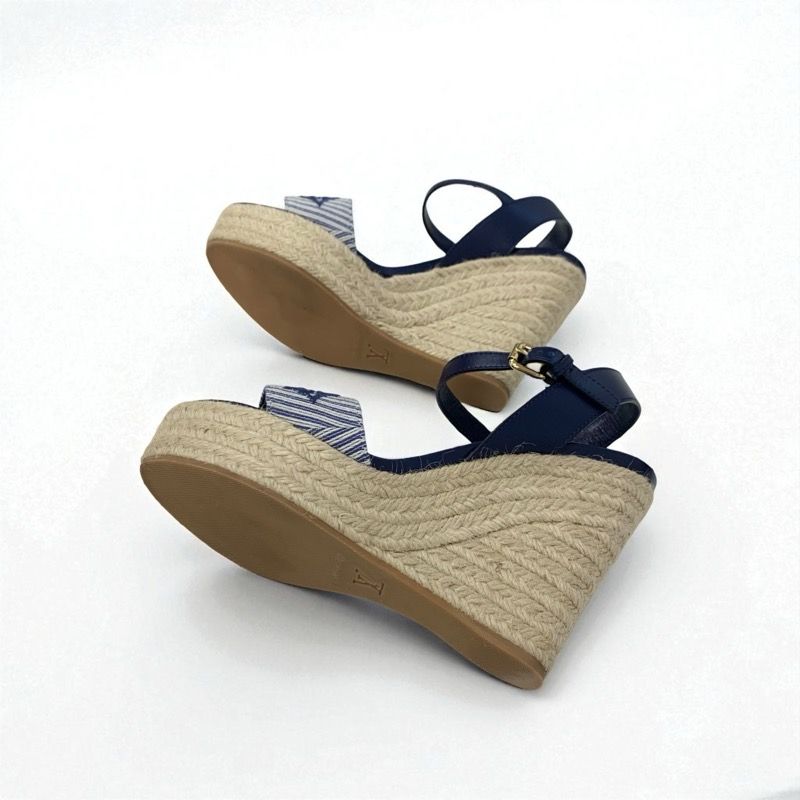 Louis Vuitton Sail Away Line Monogram Sandals Shoes Canvas Leather Navy Wedge