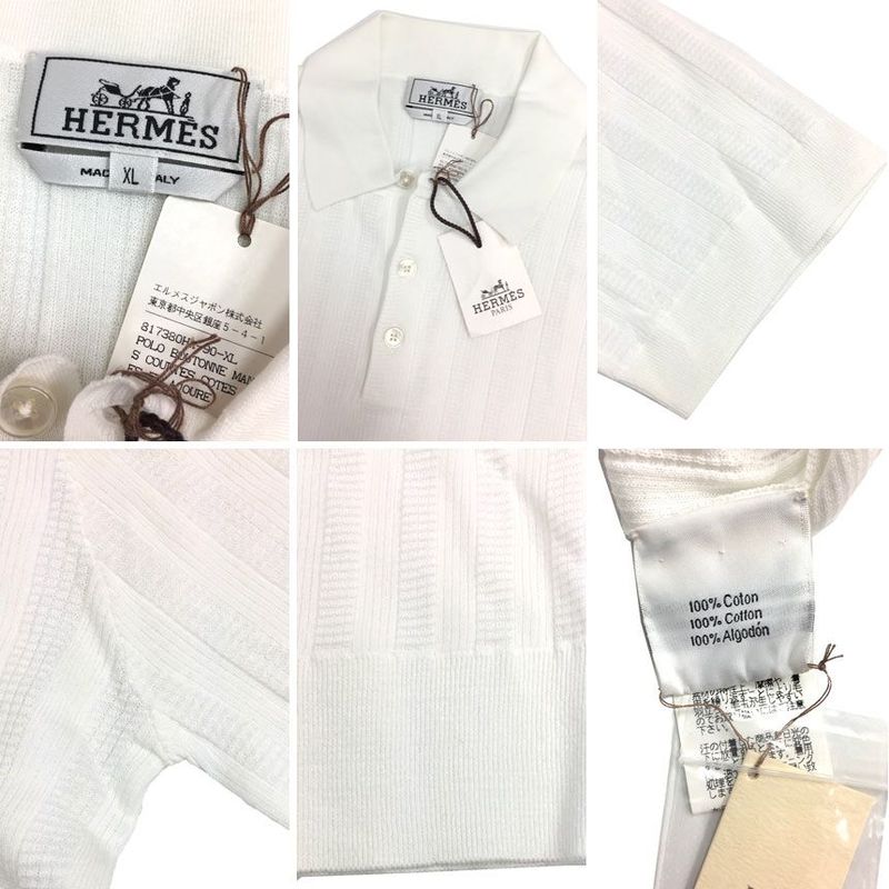 Unused Hermes Men's Short Sleeve Knit Polo Shirt XL White Cotton Aq7736
