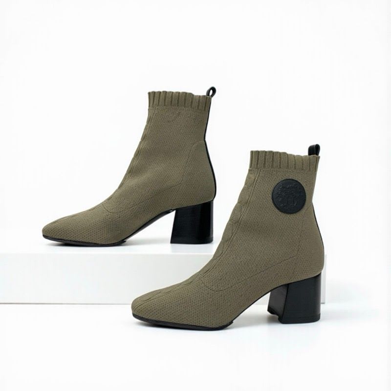 Hermes Volver Boots Short Shoes Fabric Leather Khaki Black Knit Exlibris