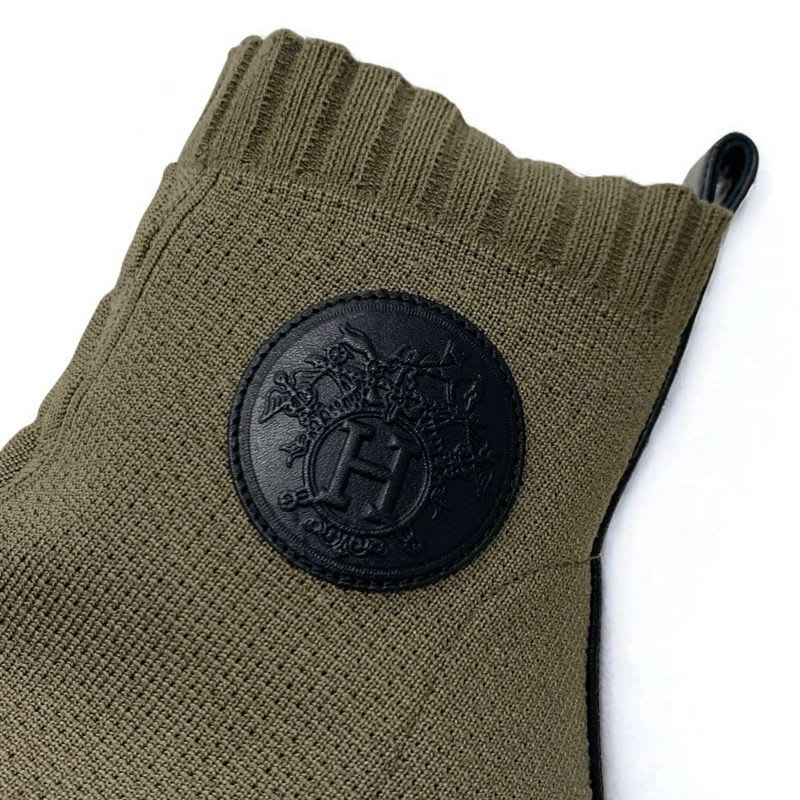 Hermes Volver Boots Short Shoes Fabric Leather Khaki Black Knit Exlibris