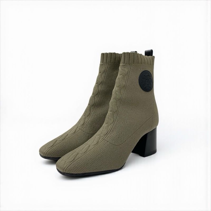 Hermes Volver Boots Short Shoes Fabric Leather Khaki Black Knit Exlibris