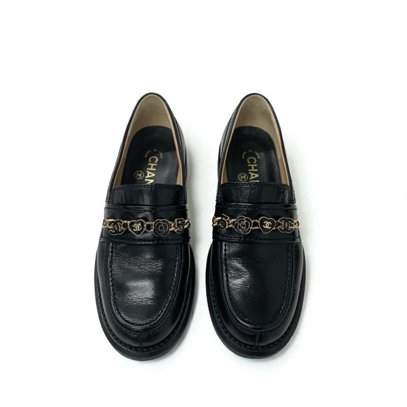 Chanel Loafer Leather Shoes Leather Black Gold Here Mark Chain Icon