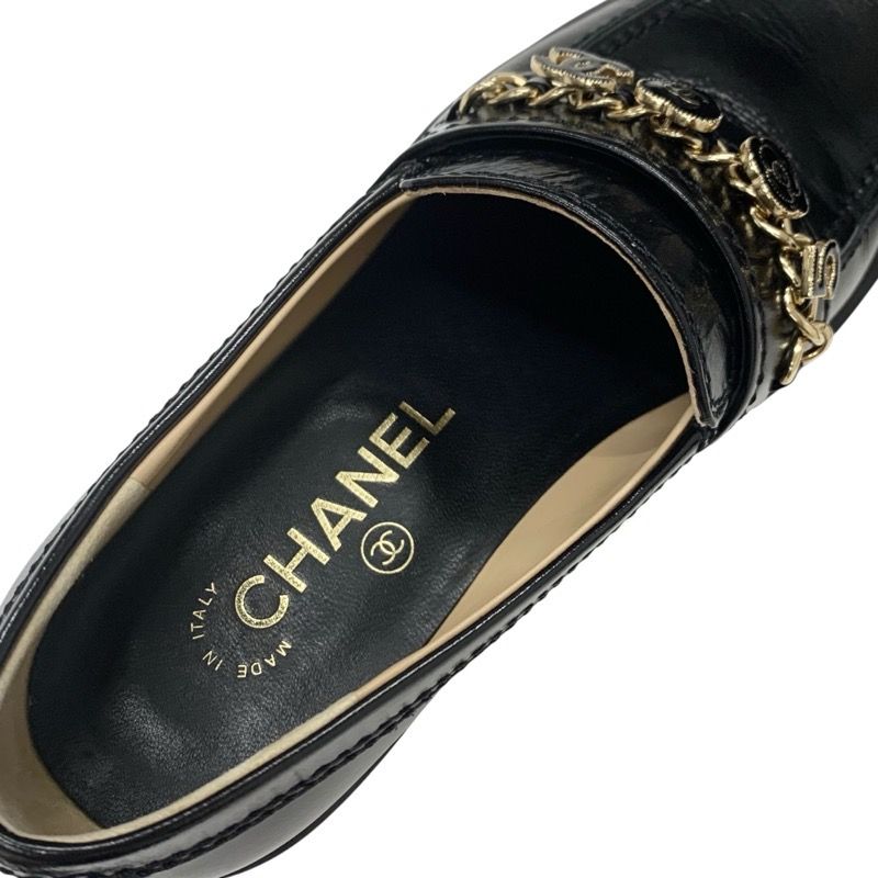 Chanel Loafer Leather Shoes Leather Black Gold Here Mark Chain Icon