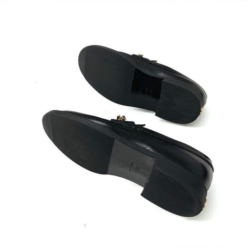 Chanel Loafer Leather Shoes Leather Black Gold Here Mark Chain Icon