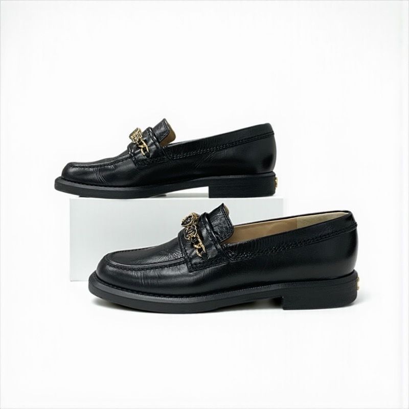 Chanel Loafer Leather Shoes Leather Black Gold Here Mark Chain Icon