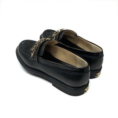 Chanel Loafer Leather Shoes Leather Black Gold Here Mark Chain Icon