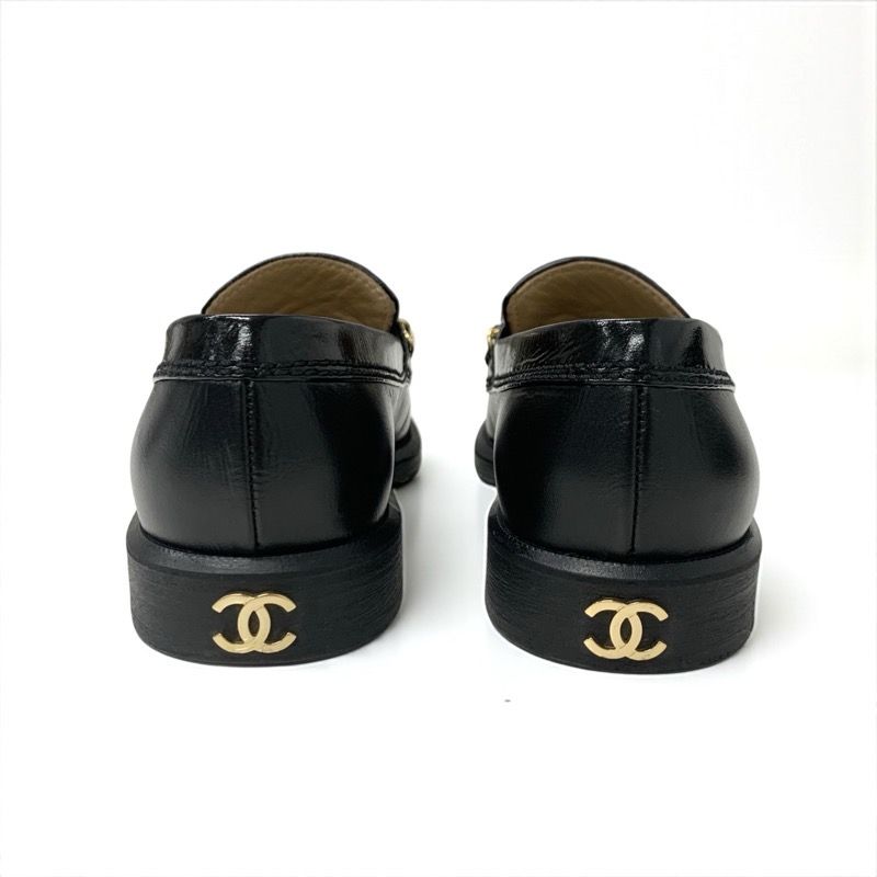Chanel Loafer Leather Shoes Leather Black Gold Here Mark Chain Icon