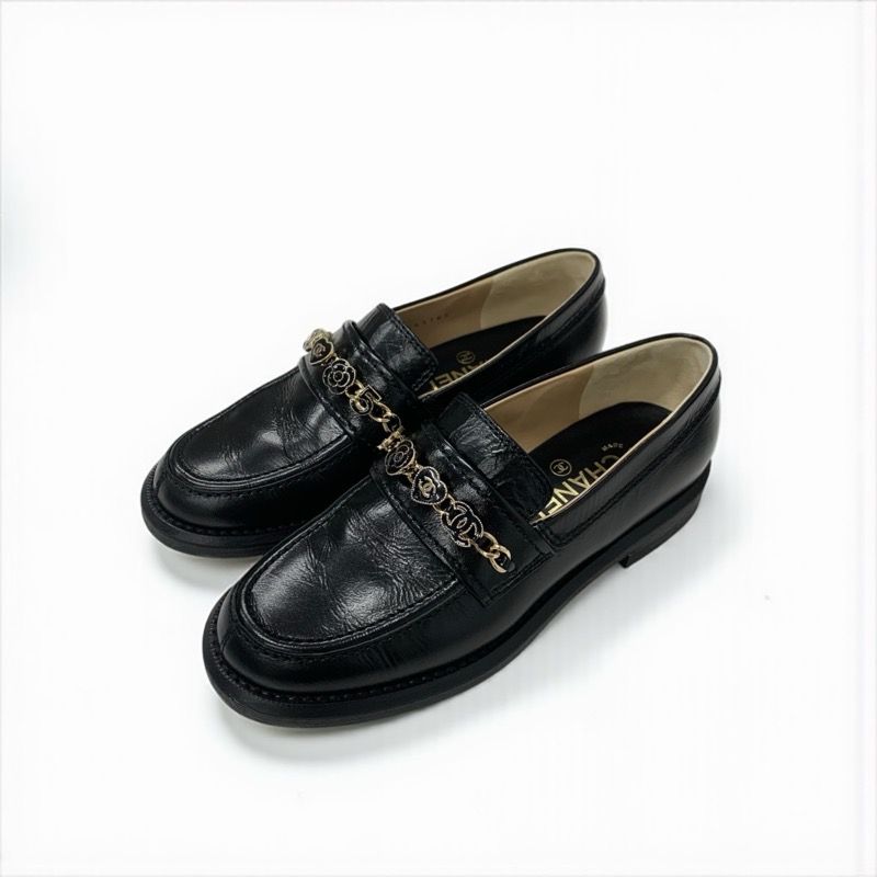 Chanel Loafer Leather Shoes Leather Black Gold Here Mark Chain Icon