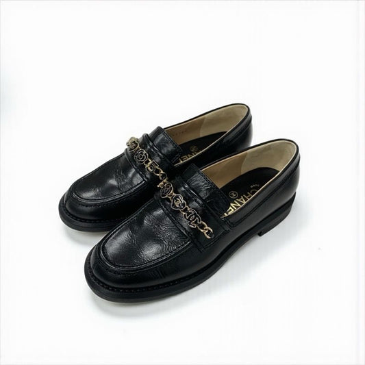 Chanel Loafer Leather Shoes Leather Black Gold Here Mark Chain Icon