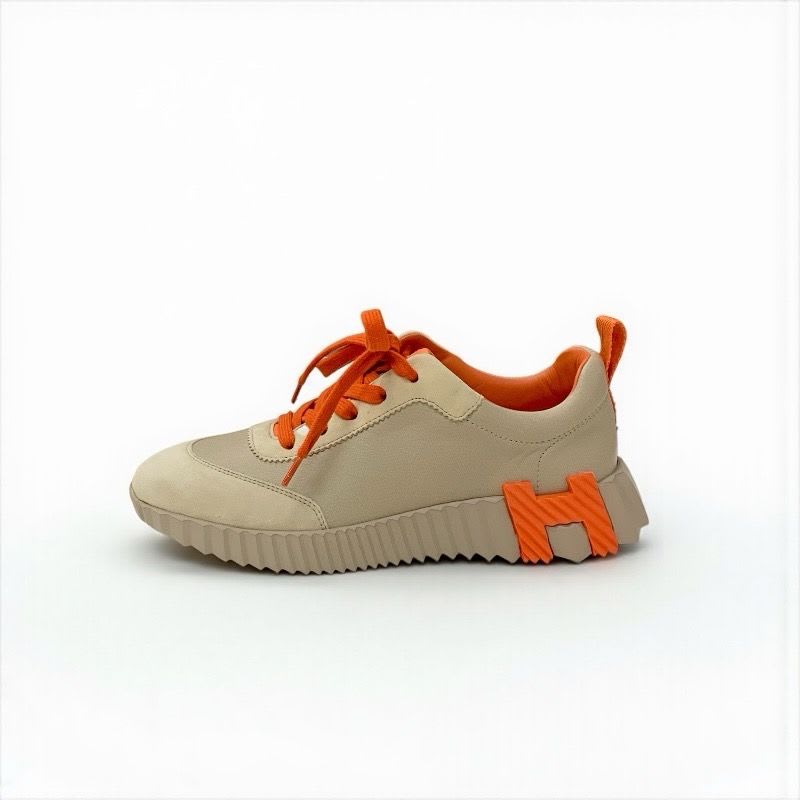 Hermes Bouncing Sneakers Shoes Leather Suede Beige Orange