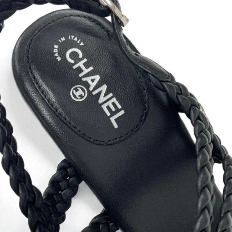 Chanel Sandals Shoes Leather Black Strap Coco Mark Braided Wedge Sole