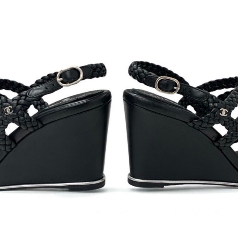 Chanel Sandals Shoes Leather Black Strap Coco Mark Braided Wedge Sole