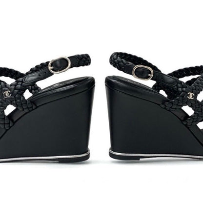 Chanel Sandals Shoes Leather Black Strap Coco Mark Braided Wedge Sole