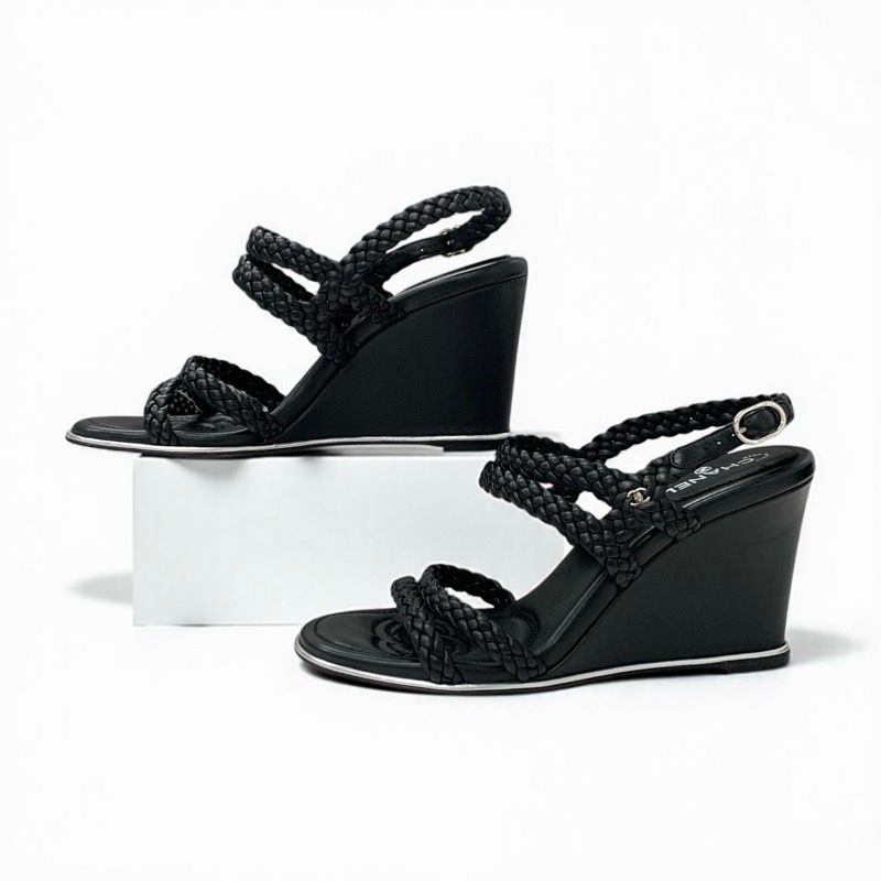 Chanel Sandals Shoes Leather Black Strap Coco Mark Braided Wedge Sole