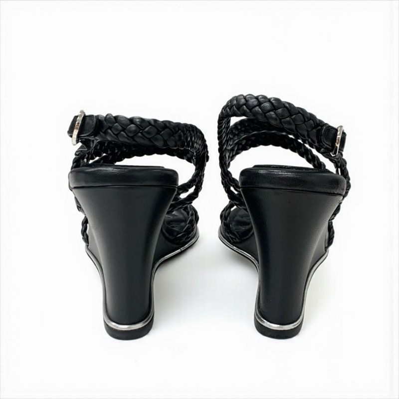 Chanel Sandals Shoes Leather Black Strap Coco Mark Braided Wedge Sole