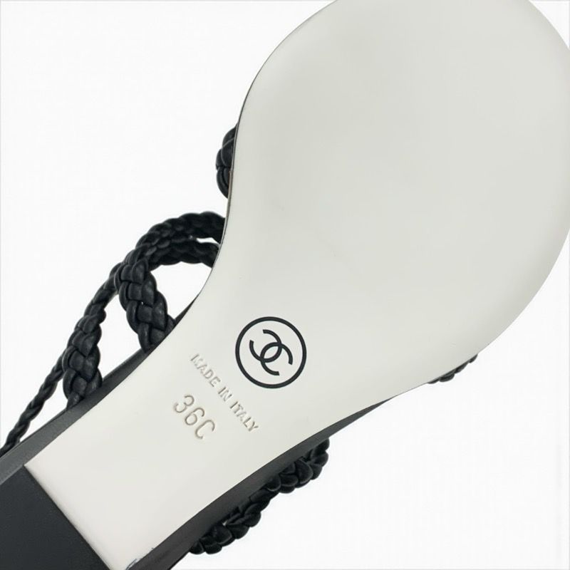 Chanel Sandals Shoes Leather Black Strap Coco Mark Braided Wedge Sole
