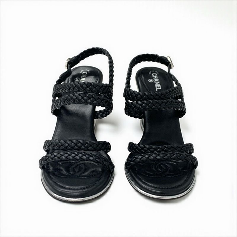 Chanel Sandals Shoes Leather Black Strap Coco Mark Braided Wedge Sole