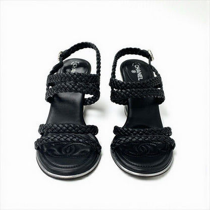 Chanel Sandals Shoes Leather Black Strap Coco Mark Braided Wedge Sole