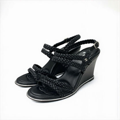 Chanel Sandals Shoes Leather Black Strap Coco Mark Braided Wedge Sole