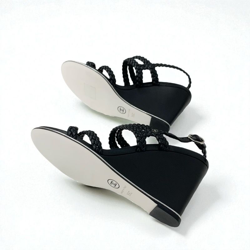 Chanel Sandals Shoes Leather Black Strap Coco Mark Braided Wedge Sole