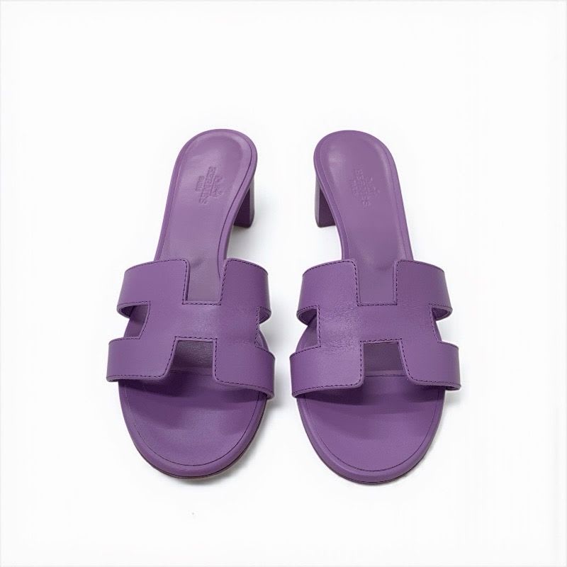 Hermes Oasis Sandals Shoes Leather Purple Mules