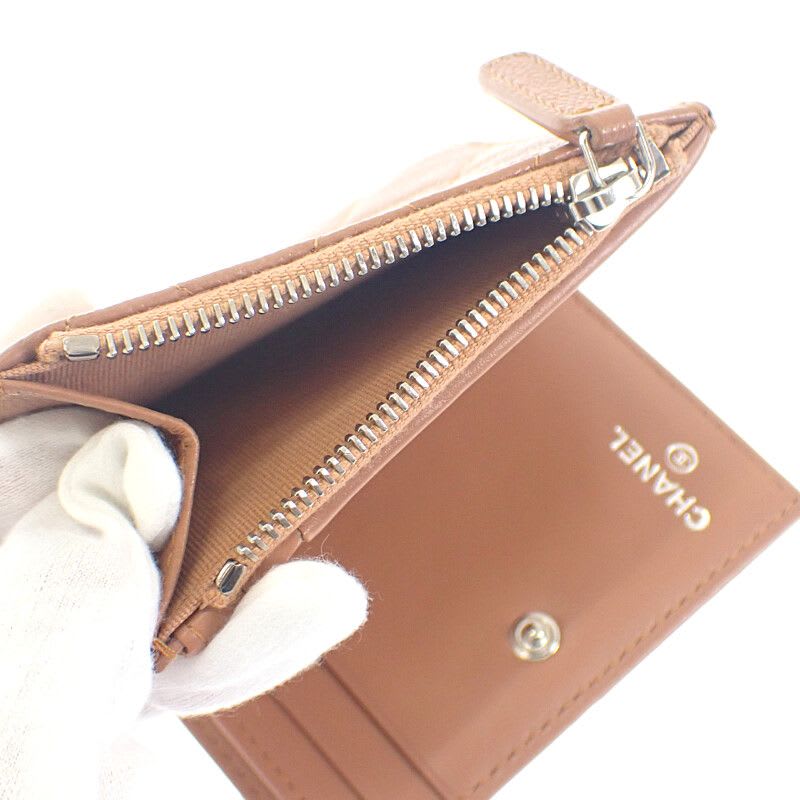 Chanel Chanel Classic Small Wallet Ap3388 Coin Case Grained Calfskin Camel Silver