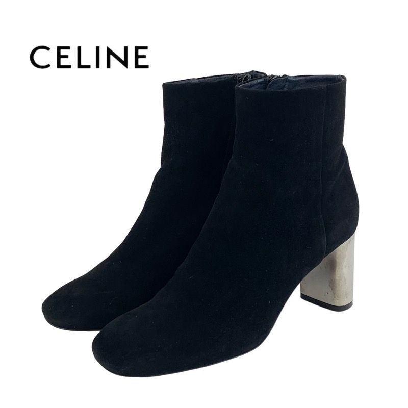 Celine Boots Short Boots Shoes Suede Black Silver Bang Metal Heel