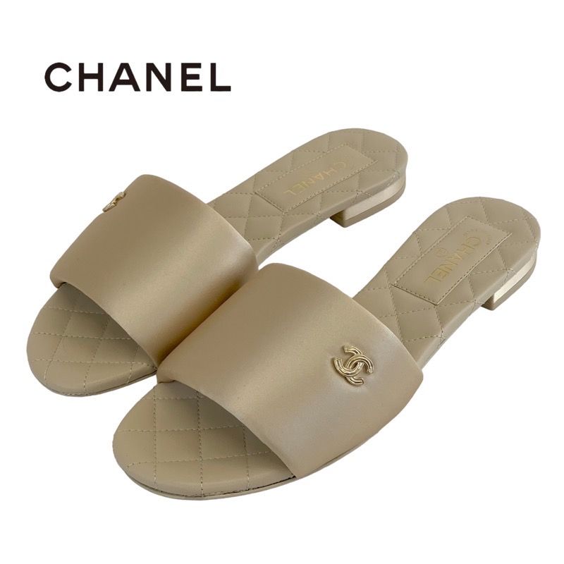 Chanel Sandals Shoes Satin Beige Unused Flat Sandals Mules Here Mark