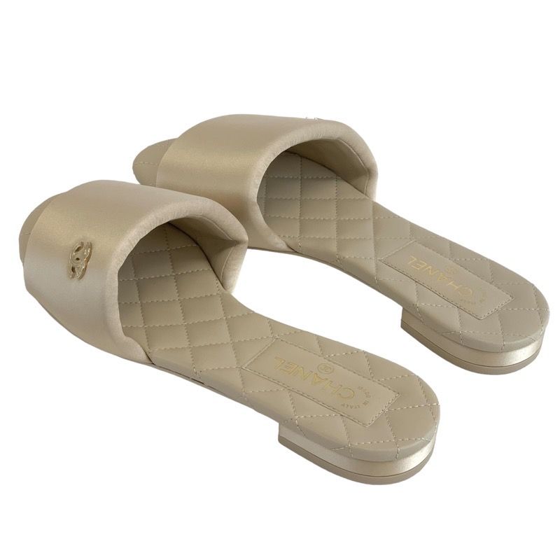 Chanel Sandals Shoes Satin Beige Unused Flat Sandals Mules Here Mark