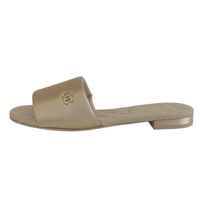 Chanel Sandals Shoes Satin Beige Unused Flat Sandals Mules Here Mark