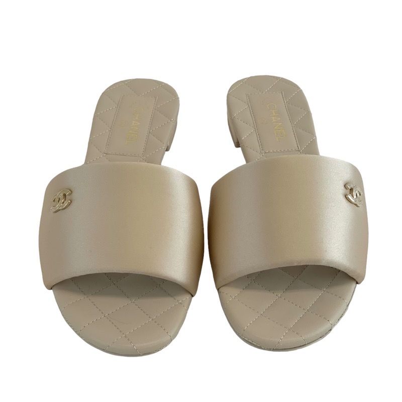 Chanel Sandals Shoes Satin Beige Unused Flat Sandals Mules Here Mark