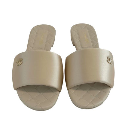 Chanel Sandals Shoes Satin Beige Unused Flat Sandals Mules Here Mark