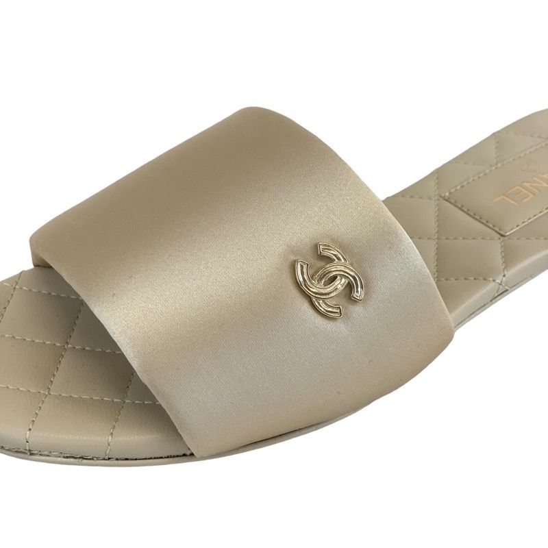 Chanel Sandals Shoes Satin Beige Unused Flat Sandals Mules Here Mark