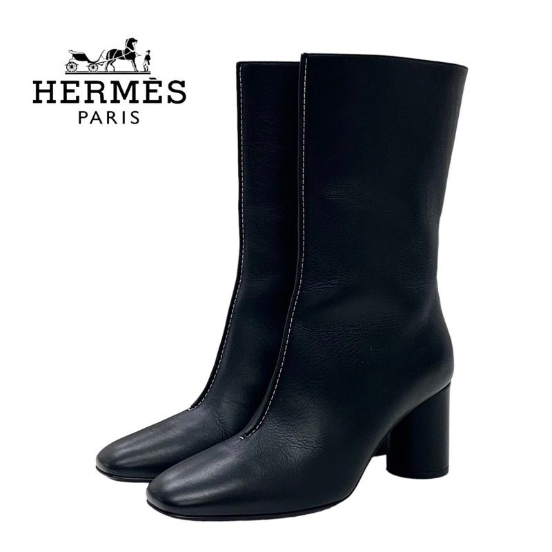 Hermes Defile Boots Short Boots Shoes Leather Black Stitching