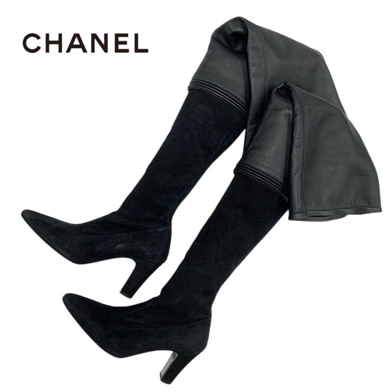Chanel Boots Long Boots Shoes Leather Suede Black Thigh High Boots Knee High