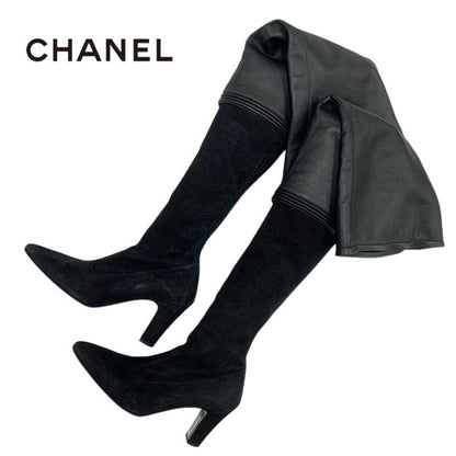 Chanel Boots Long Boots Shoes Leather Suede Black Thigh High Boots Knee High