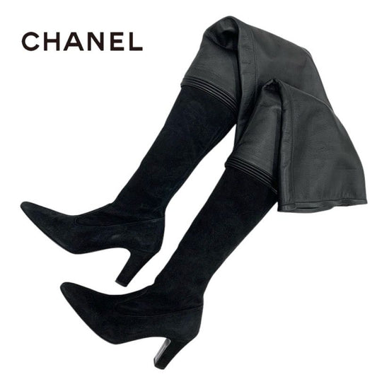 Chanel Boots Long Boots Shoes Leather Suede Black Thigh High Boots Knee High