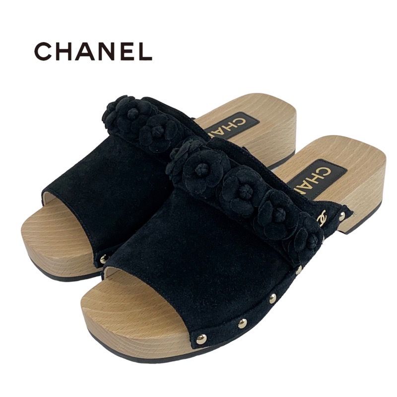 Chanel Sandals Shoes Suede Wood Black Mule Camellia Here Mark