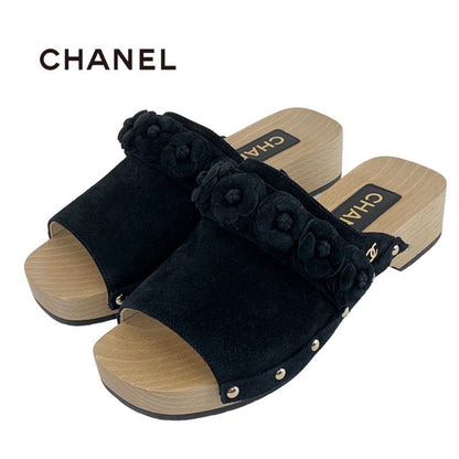 Chanel Sandals Shoes Suede Wood Black Mule Camellia Here Mark