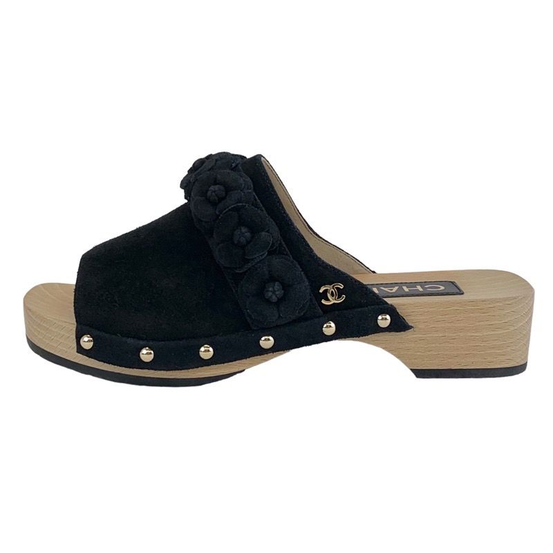 Chanel Sandals Shoes Suede Wood Black Mule Camellia Here Mark