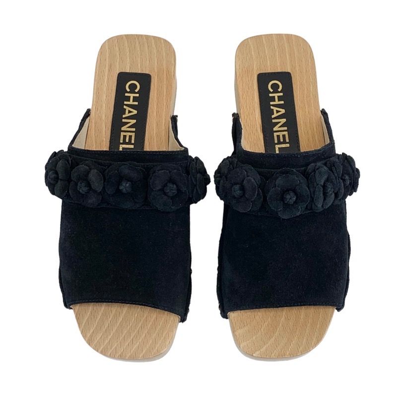 Chanel Sandals Shoes Suede Wood Black Mule Camellia Here Mark