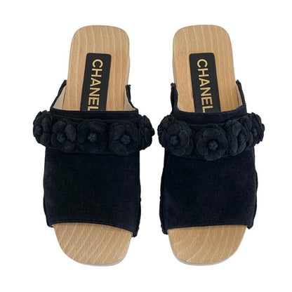 Chanel Sandals Shoes Suede Wood Black Mule Camellia Here Mark