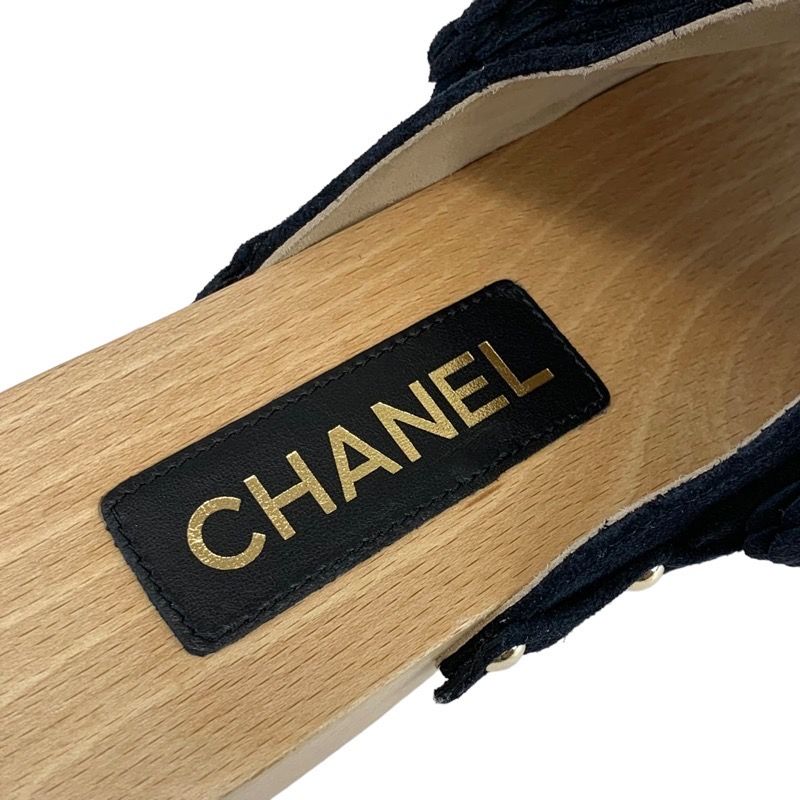Chanel Sandals Shoes Suede Wood Black Mule Camellia Here Mark