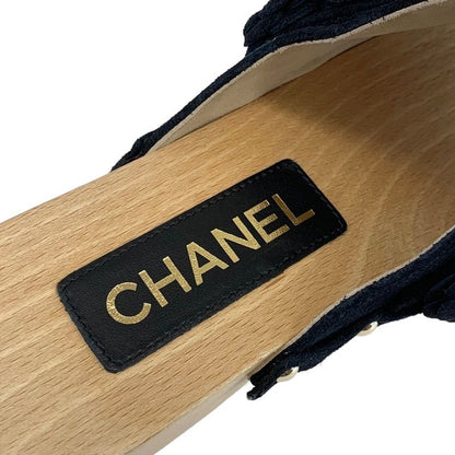 Chanel Sandals Shoes Suede Wood Black Mule Camellia Here Mark