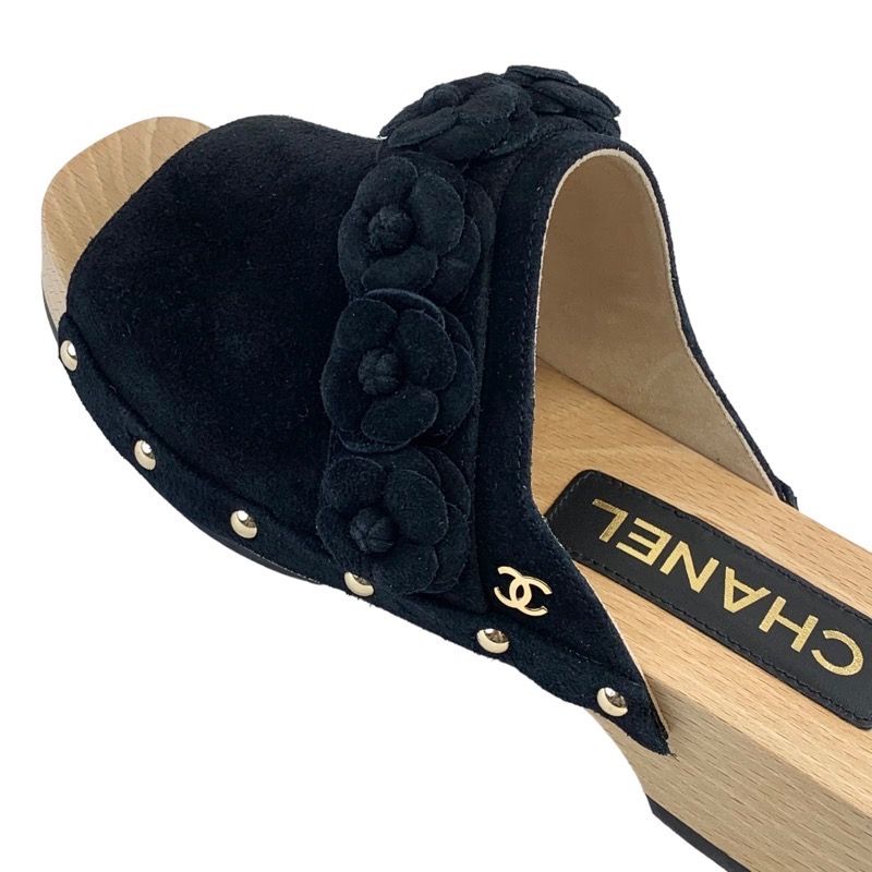 Chanel Sandals Shoes Suede Wood Black Mule Camellia Here Mark