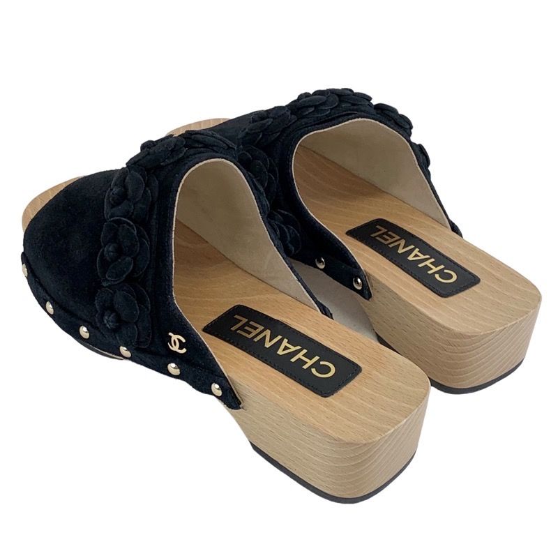 Chanel Sandals Shoes Suede Wood Black Mule Camellia Here Mark