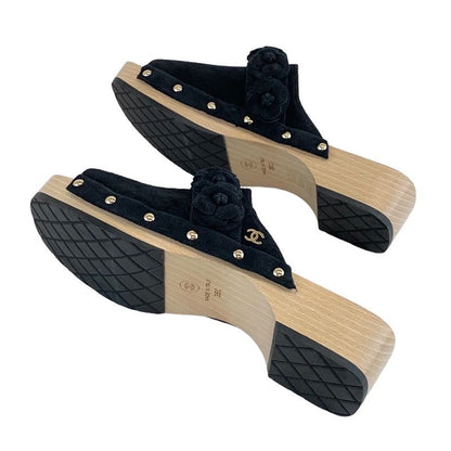 Chanel Sandals Shoes Suede Wood Black Mule Camellia Here Mark