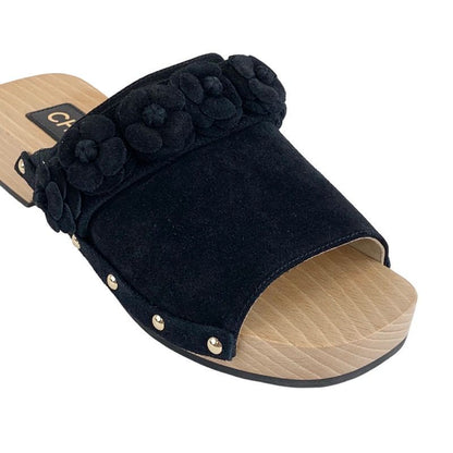 Chanel Sandals Shoes Suede Wood Black Mule Camellia Here Mark